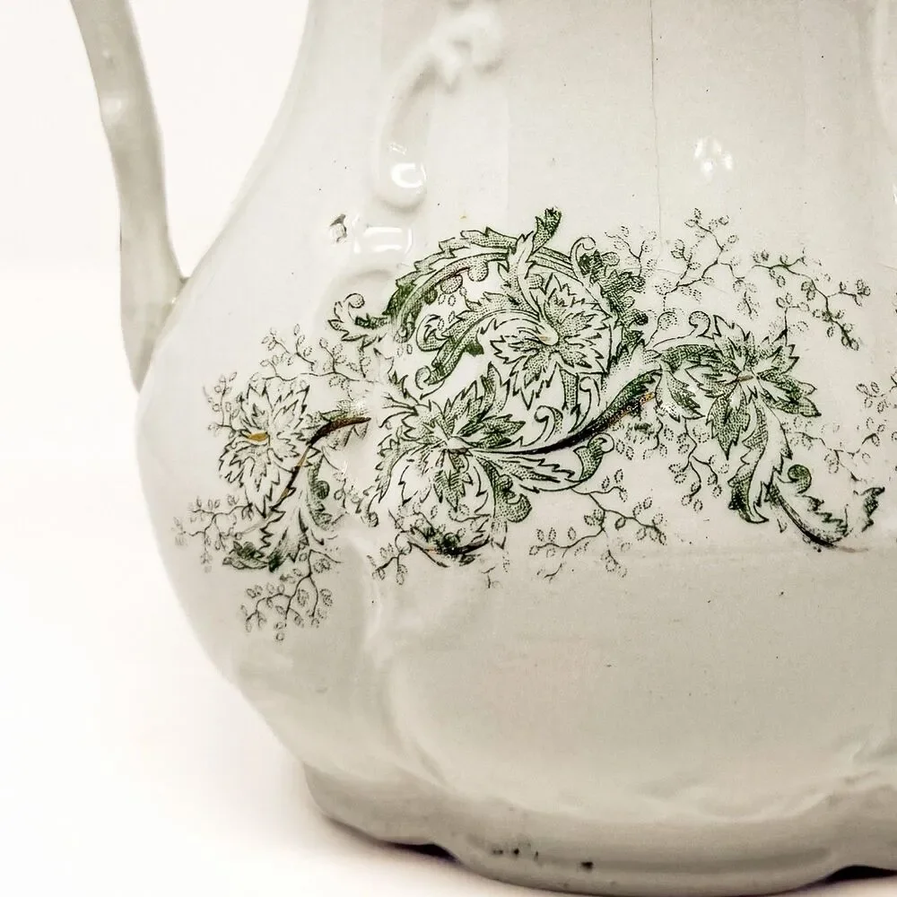 Antique Wick China Co Aurora Ironstone Pitcher Green Transferware Floral Gilt